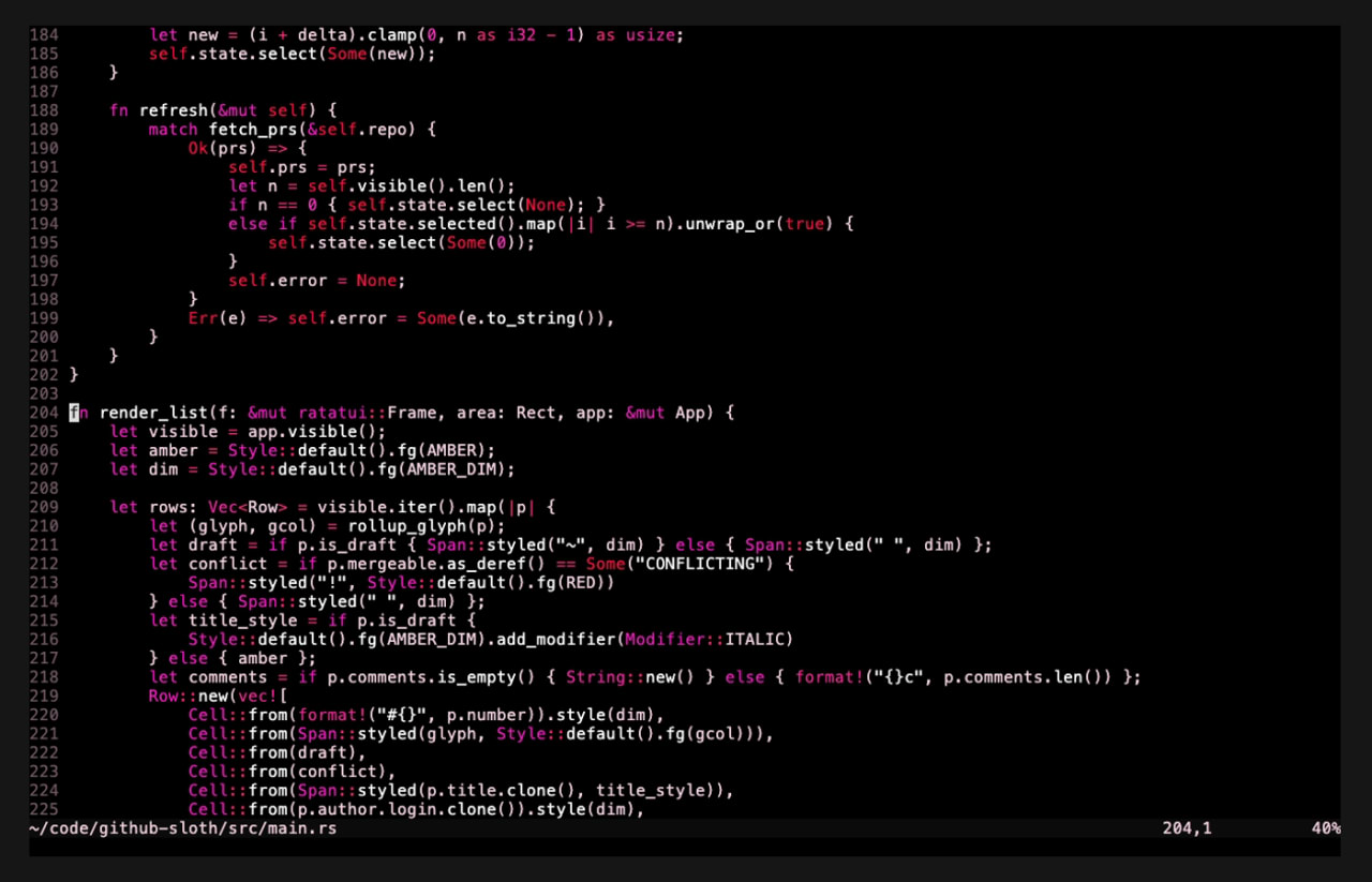 The TUI rendering — ratatui layout and styled spans for the PR list