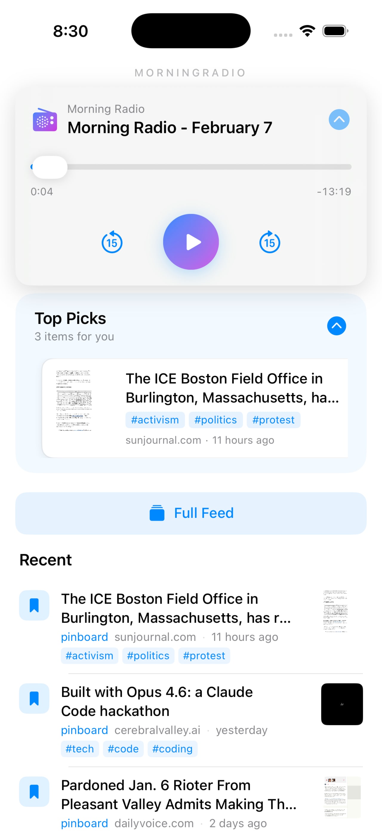 Home — an audio digest up top, then "Top Picks" and a recent feed pulled from my Pinboard bookmarks