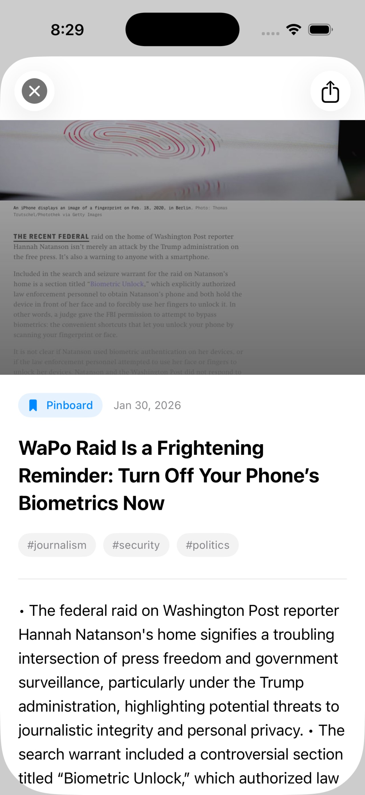 A single card in the vertical scroll — full article with source, tags, and summary