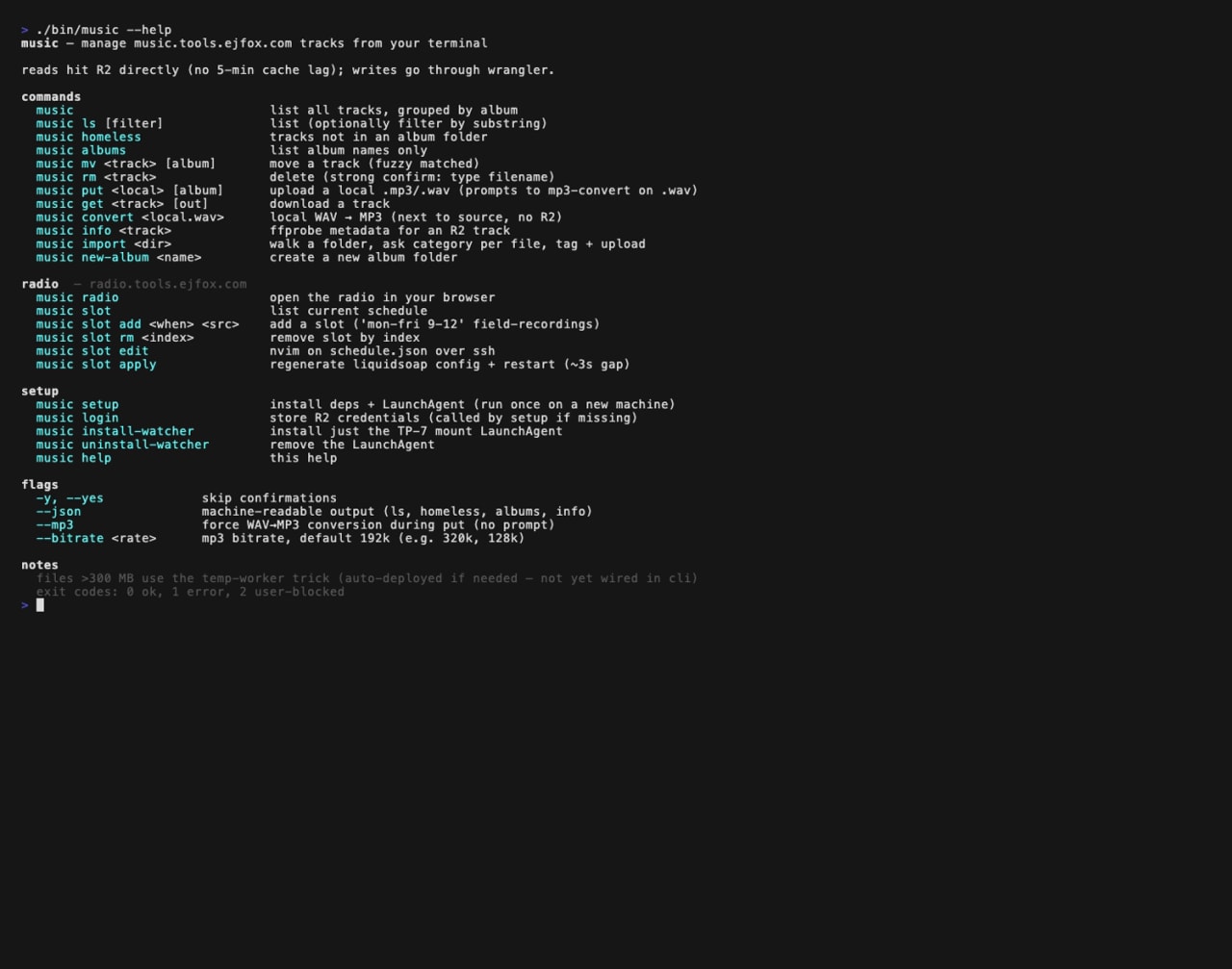 The command reference — track management, a radio scheduler, and setup/watcher commands
