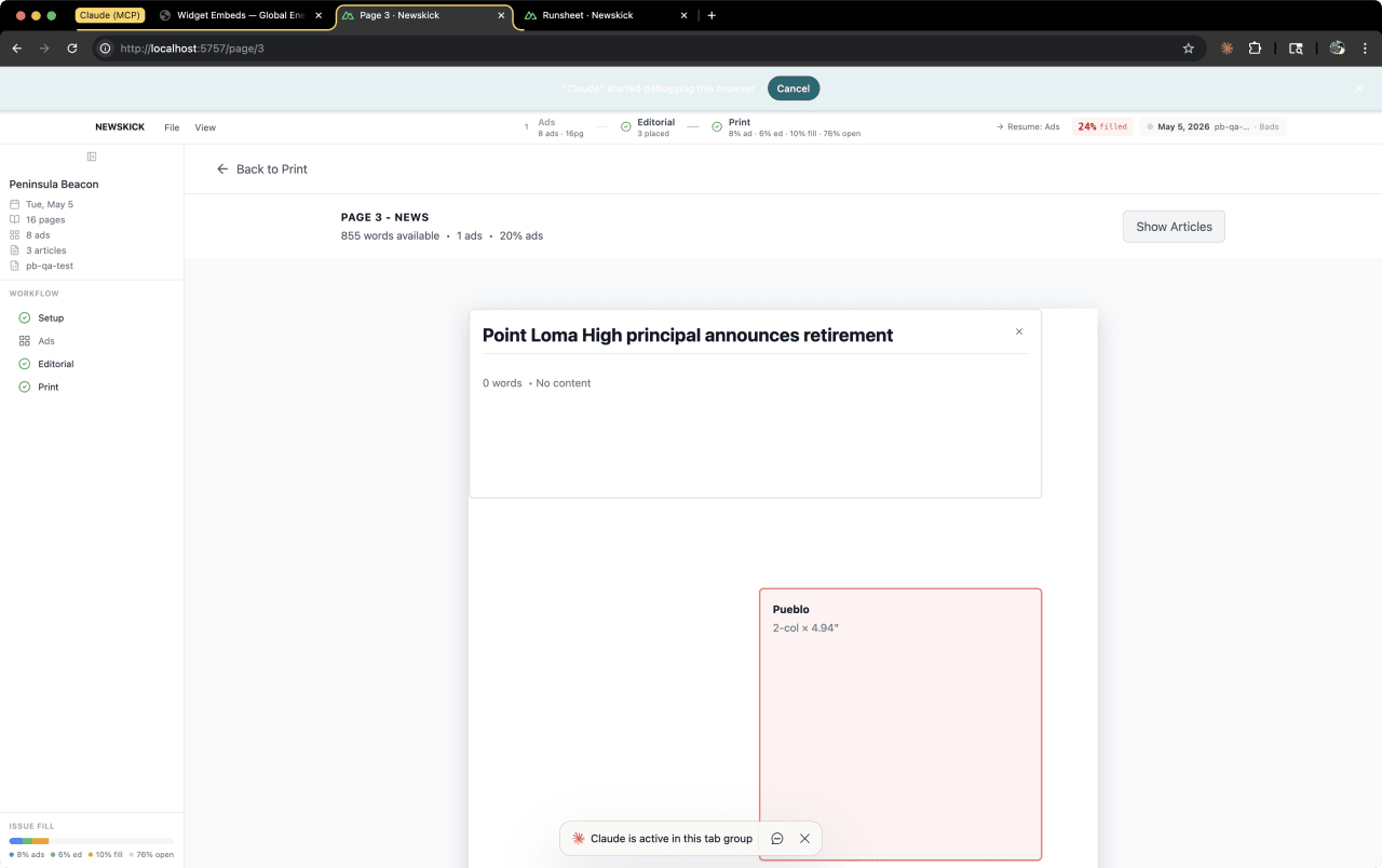Newswell Studio — drag-drop frame layout on the six-column grid