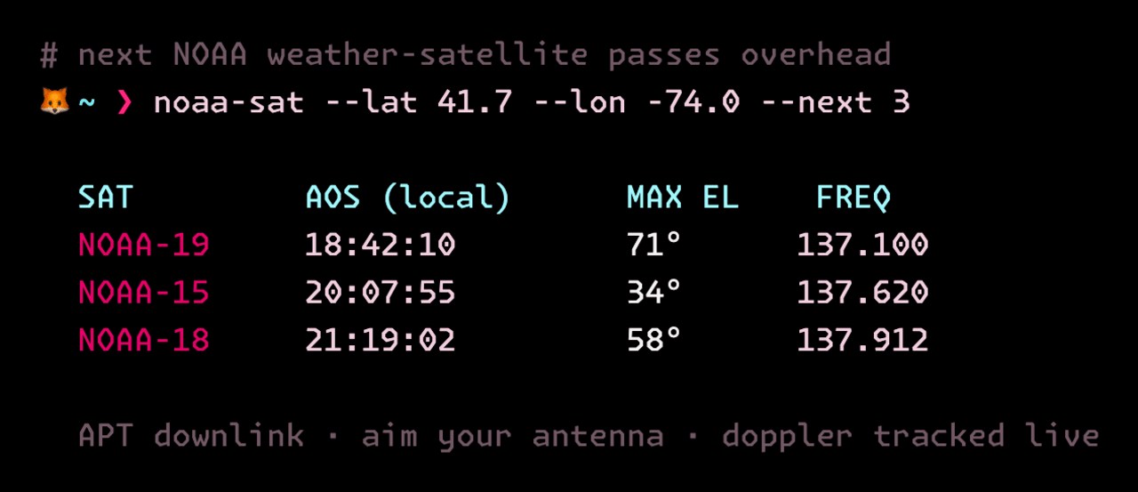 NOAA Sat CLI running in a vulpes-themed terminal