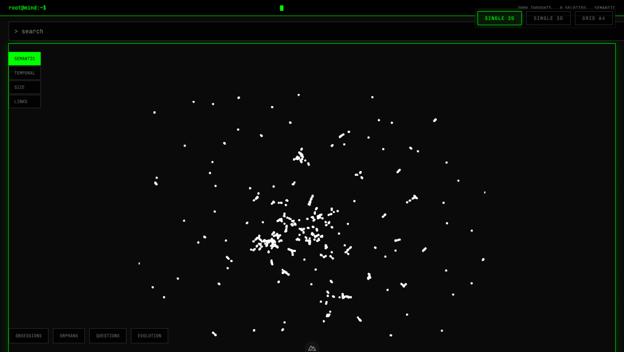 ~2,000 notes embedded into a single semantic map — search and filter by SEMANTIC / TEMPORAL / SIZE / LINKS