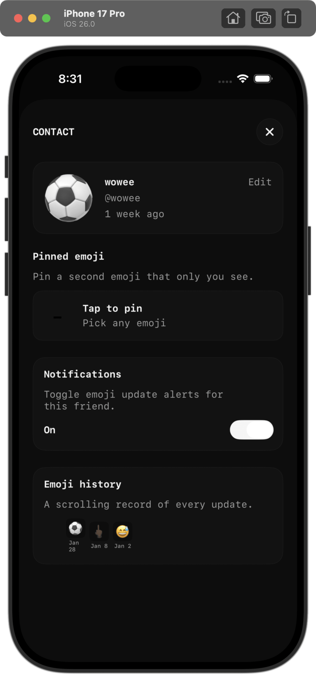 A friend's contact card — pinned emoji, notifications, and a scrolling emoji history