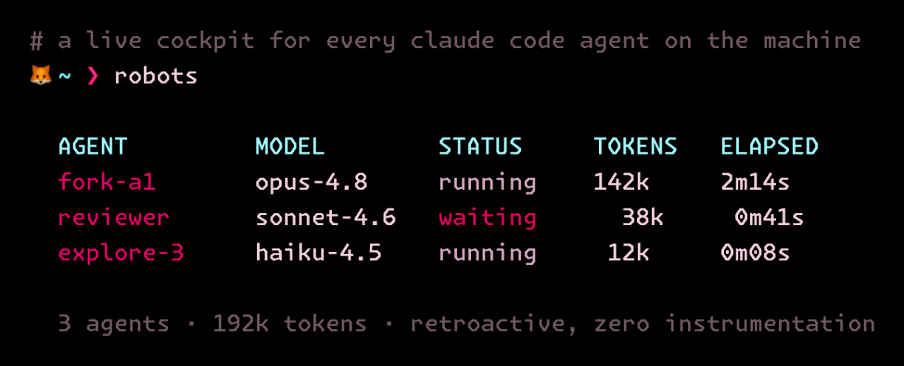 Robots running in a vulpes-themed terminal