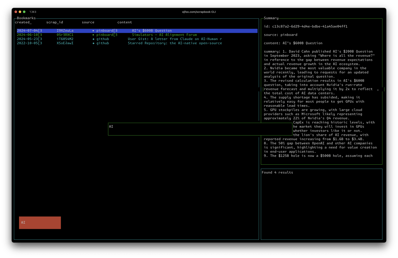 The scrapbook CLI in action — browse bookmarks, full-text search, and an AI summary of each scrap
