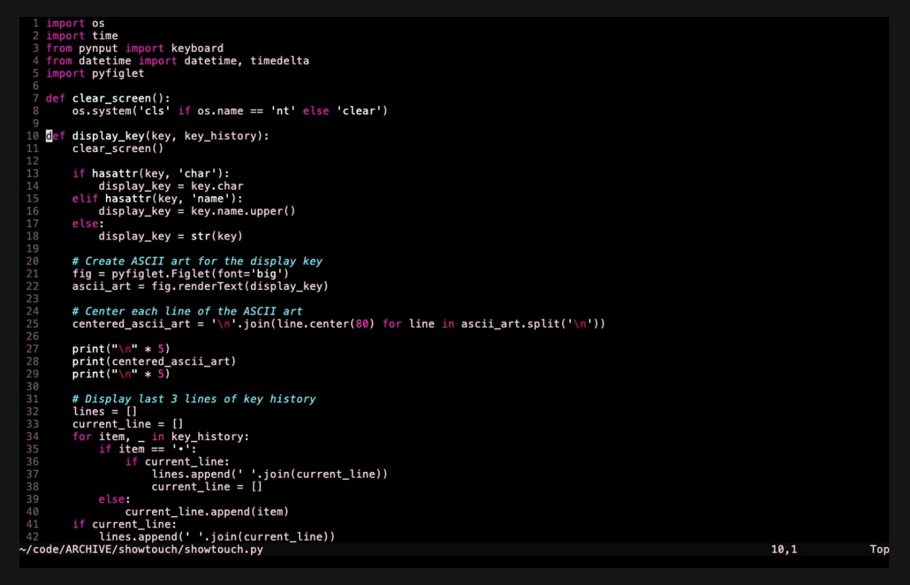 How it works — pynput captures keys, pyfiglet renders them as centered ASCII art