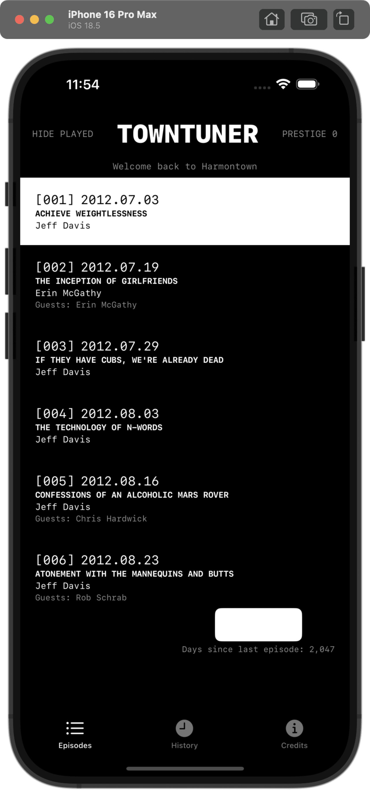towntuner on iPhone — the episode browser with prestige progression