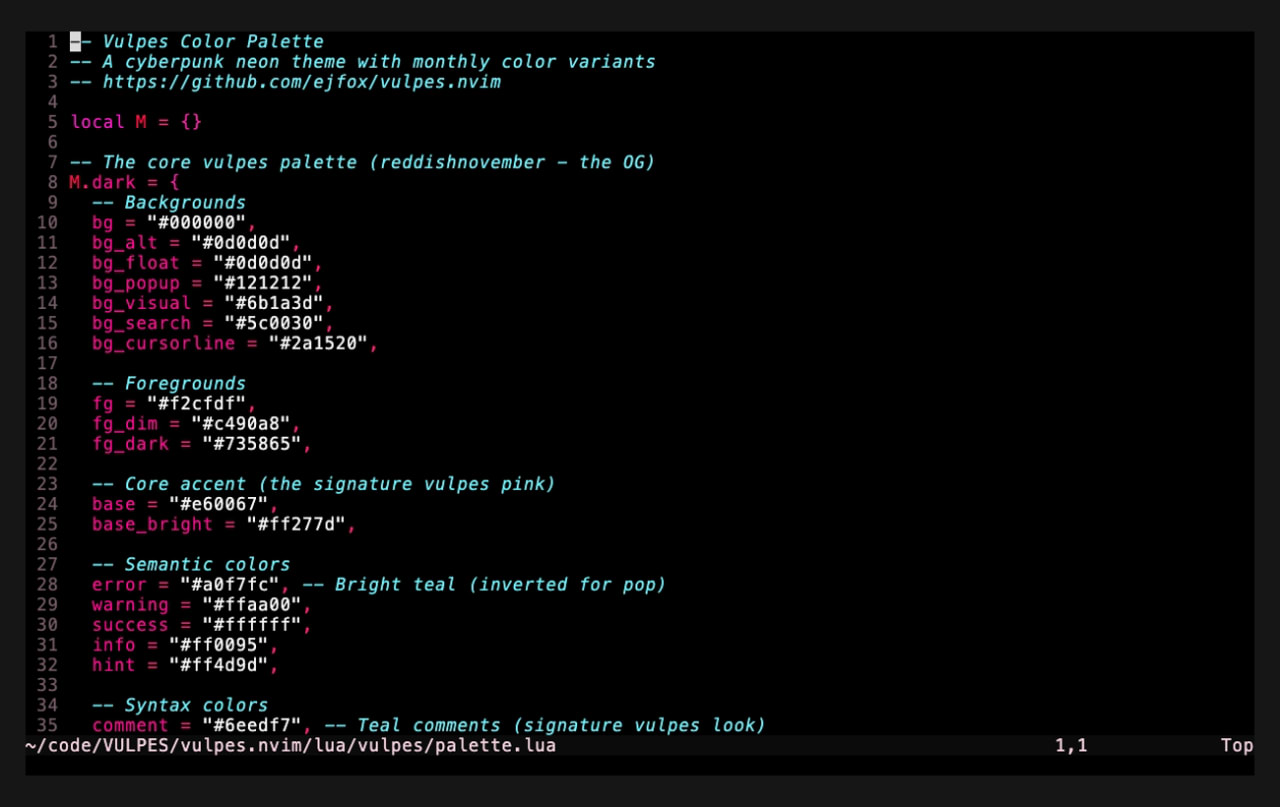 The vulpes colorscheme rendering its own palette file in Neovim
