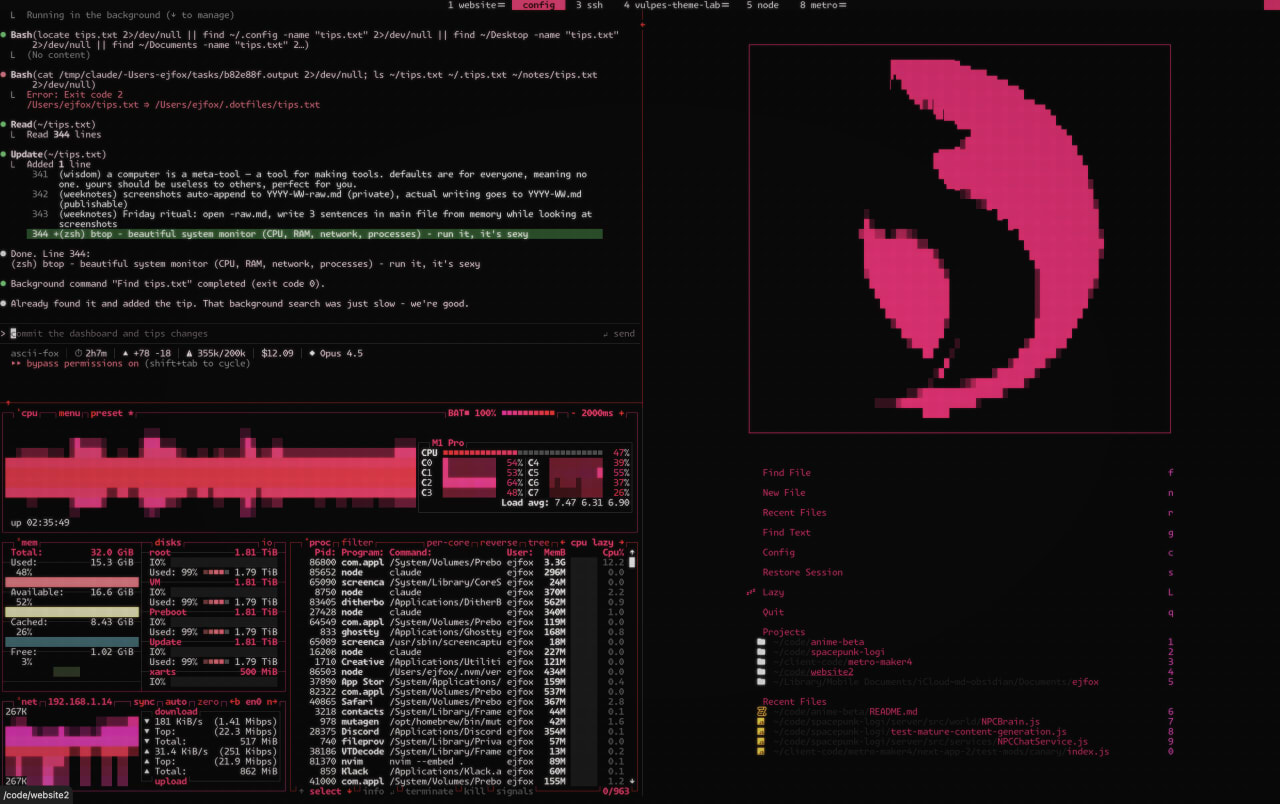 The vulpes palette across a full terminal — waveforms, logs, and the fox mark