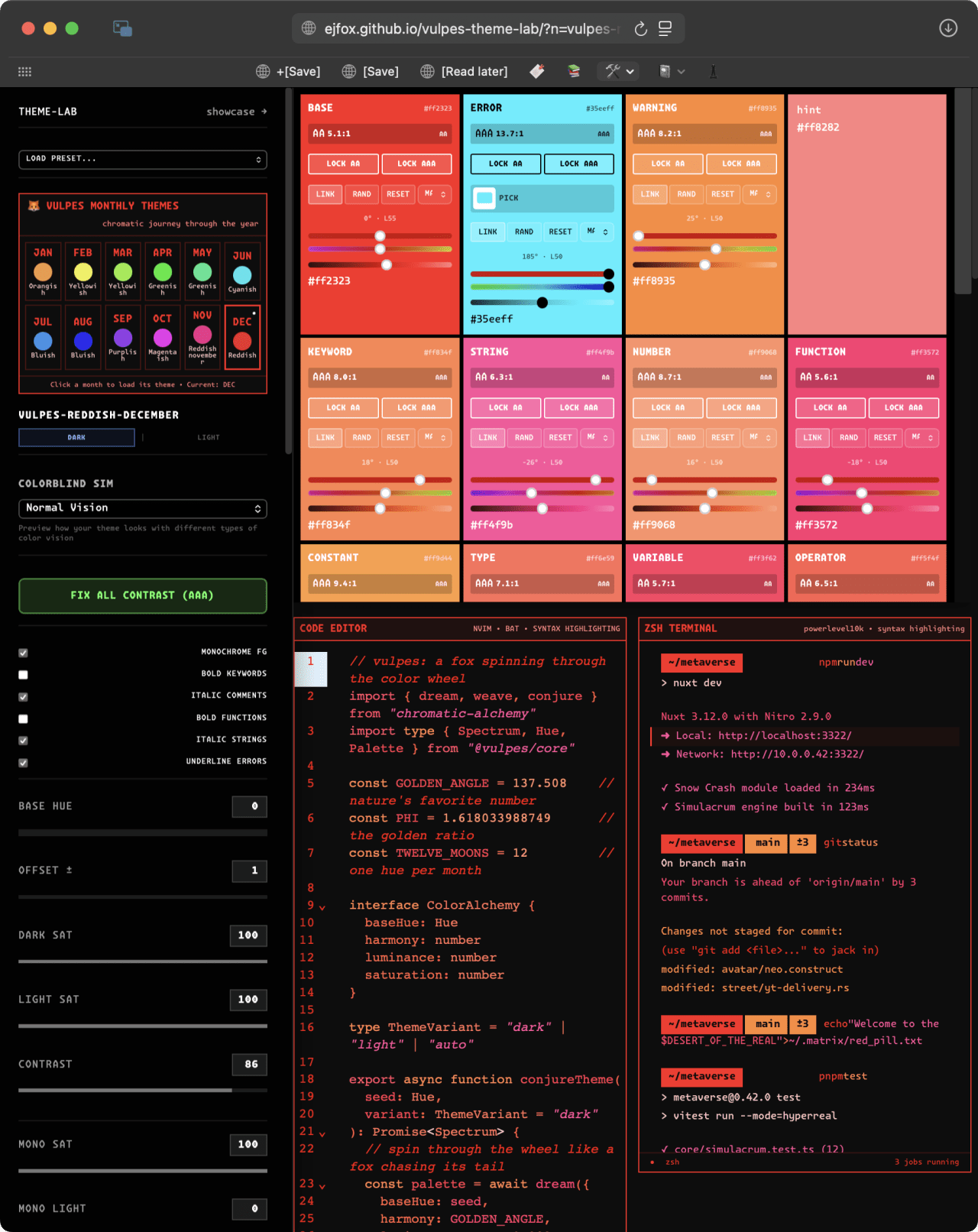The theme lab — palette controls on the left, live nvim / lazygit / htop / tmux previews recoloring as you tune