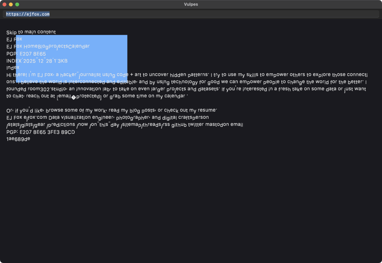 The vulpes browser rendering ejfox.com