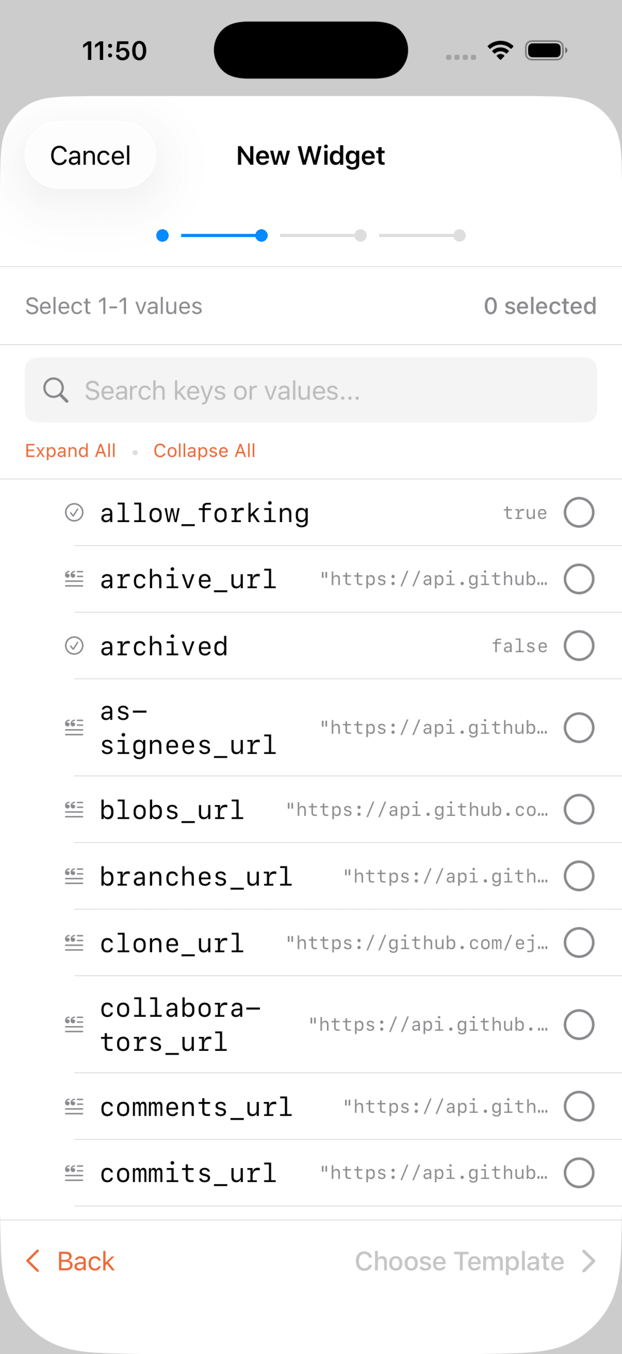 Vulpino fetches the JSON and lays the whole response out as a tree — tap the values you care about