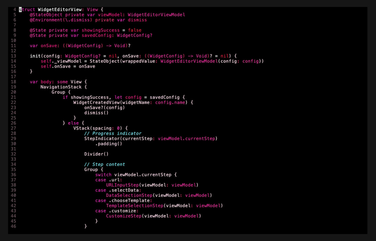 The widget editor — a SwiftUI step flow from URL to data to template to customize