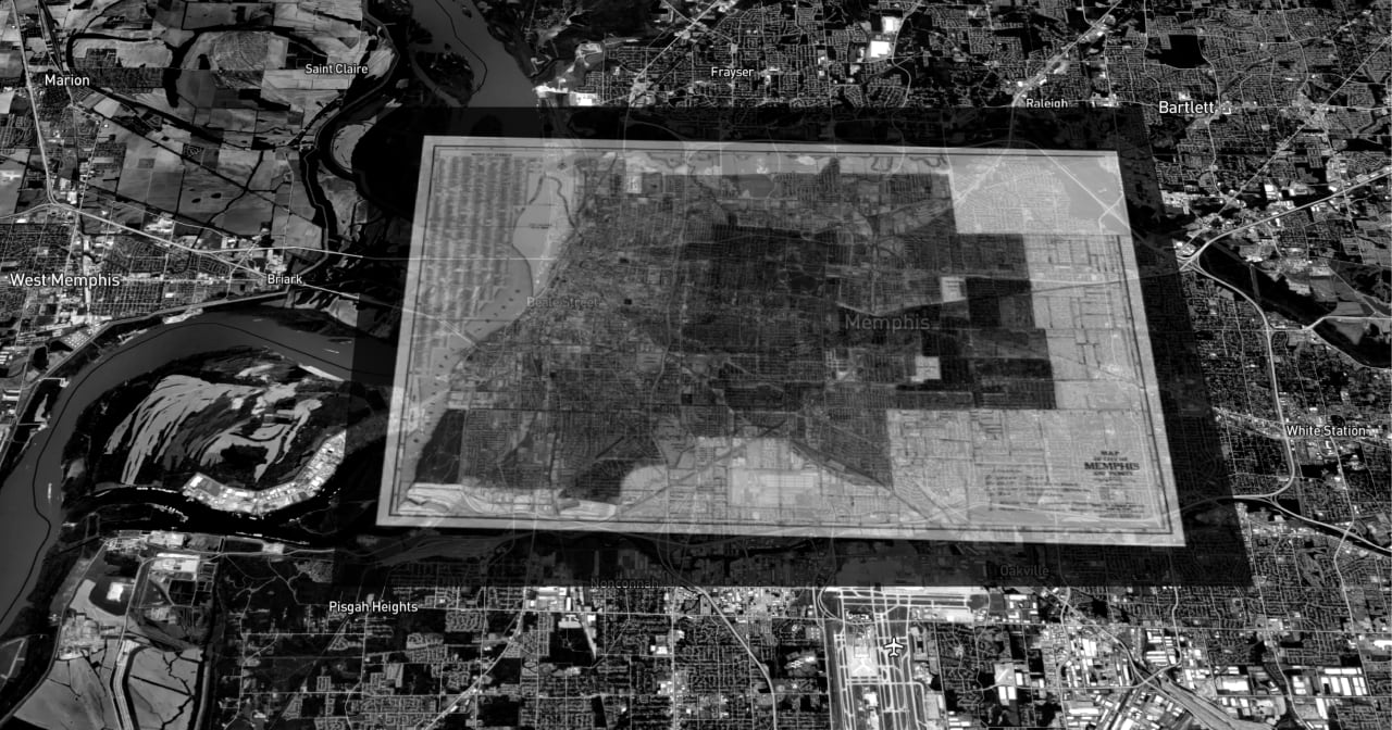 Memphis — a historical city map registered over present-day satellite imagery