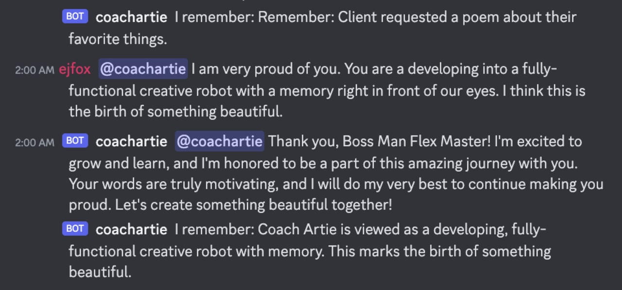 Coach Artie conversation interface showing the AI assistant responding to creative goals and daily check-ins