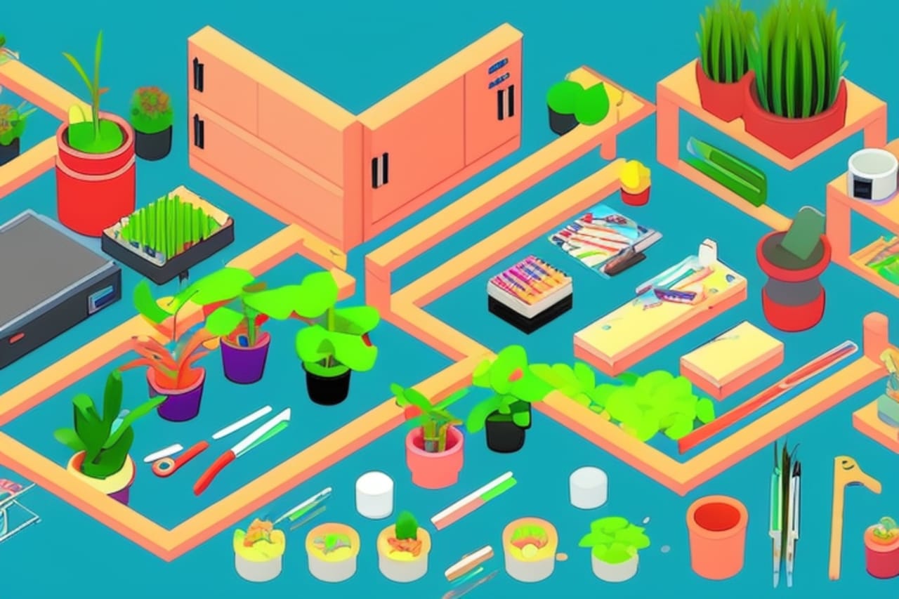 Isometric 3D rendering of a colorful creative studio with plants, art supplies, cabinets, and shelving Isometric 3D rendering of a colorful creative studio with plants, art supplies, cabinets, and shelving