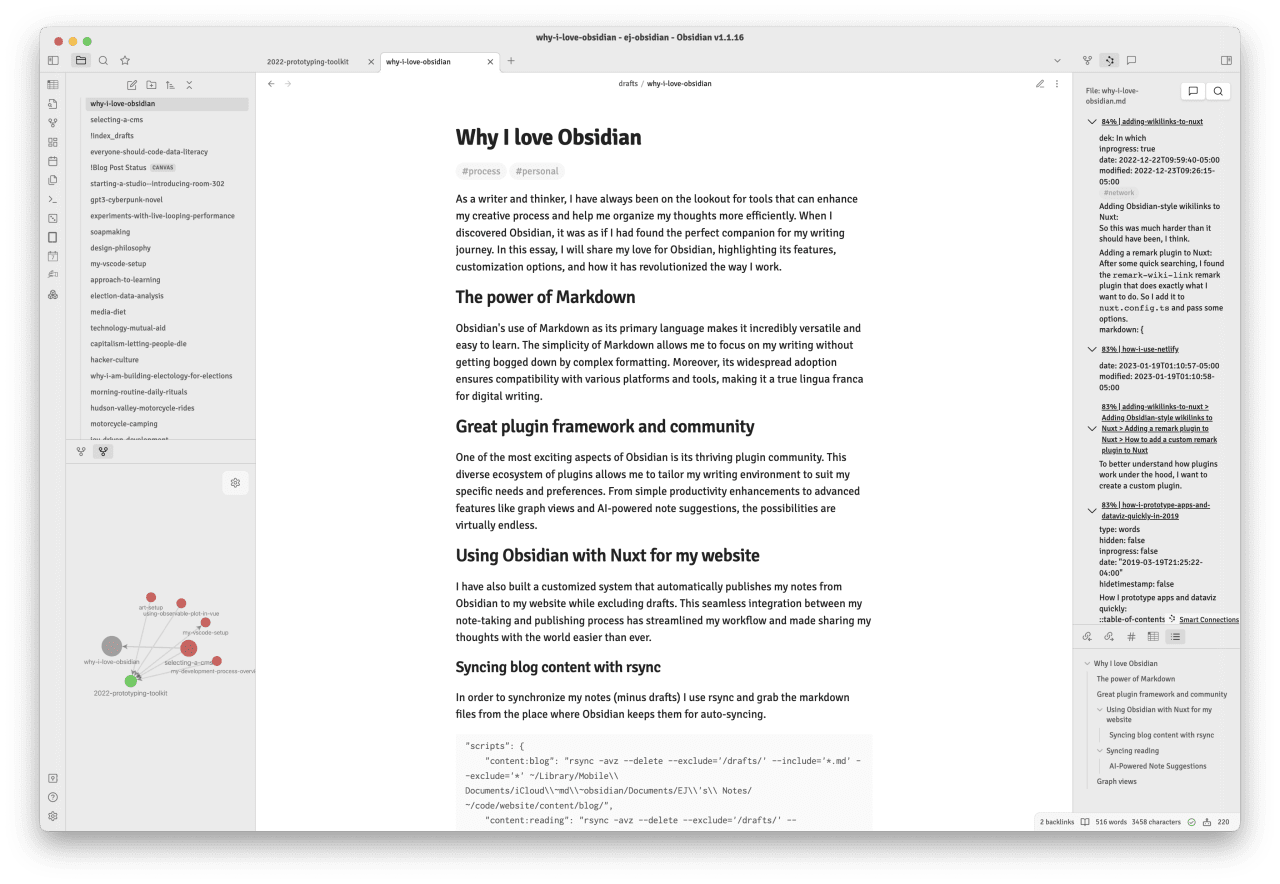 A screenshot of my Obsidian workspace: the top left pane has a list of files, the bottom left pane has a local network graph of notes and tags related to this one, the main pane has the content of this post, the top right pane has Smart Connection-powered similar articles, and the bottom right pane has an outline of the table of contents A screenshot of my Obsidian workspace: the top left pane has a list of files, the bottom left pane has a local network graph of notes and tags related to this one, the main pane has the content of this post, the top right pane has Smart Connection-powered similar articles, and the bottom right pane has an outline of the table of contents