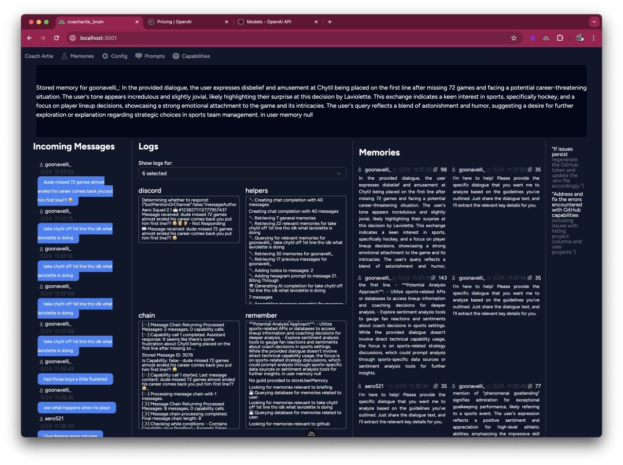 AI coaching platform interface displaying user conversation memories about sports management decisions, with incoming messages, processing logs, and memory storage for dialogue analysis.