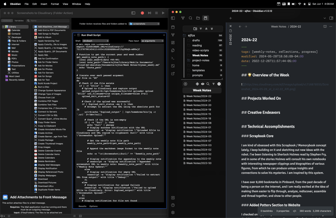 Obsidian note-taking application displaying weekly notes for 2024-22 with sections on scrapbook concepts, creative endeavors, and pottery website additions. Obsidian note-taking application displaying weekly notes for 2024-22 with sections on scrapbook concepts, creative endeavors, and pottery website additions.