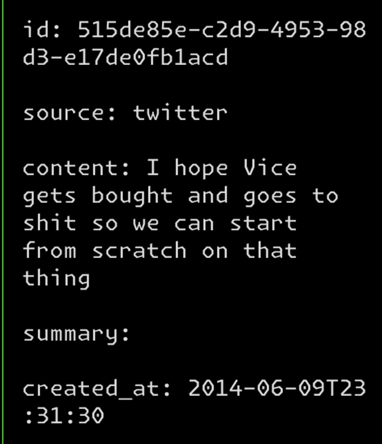 Twitter post from June 2014 expressing hope that Vice magazine gets acquired so it can be rebuilt from scratch. Twitter post from June 2014 expressing hope that Vice magazine gets acquired so it can be rebuilt from scratch.