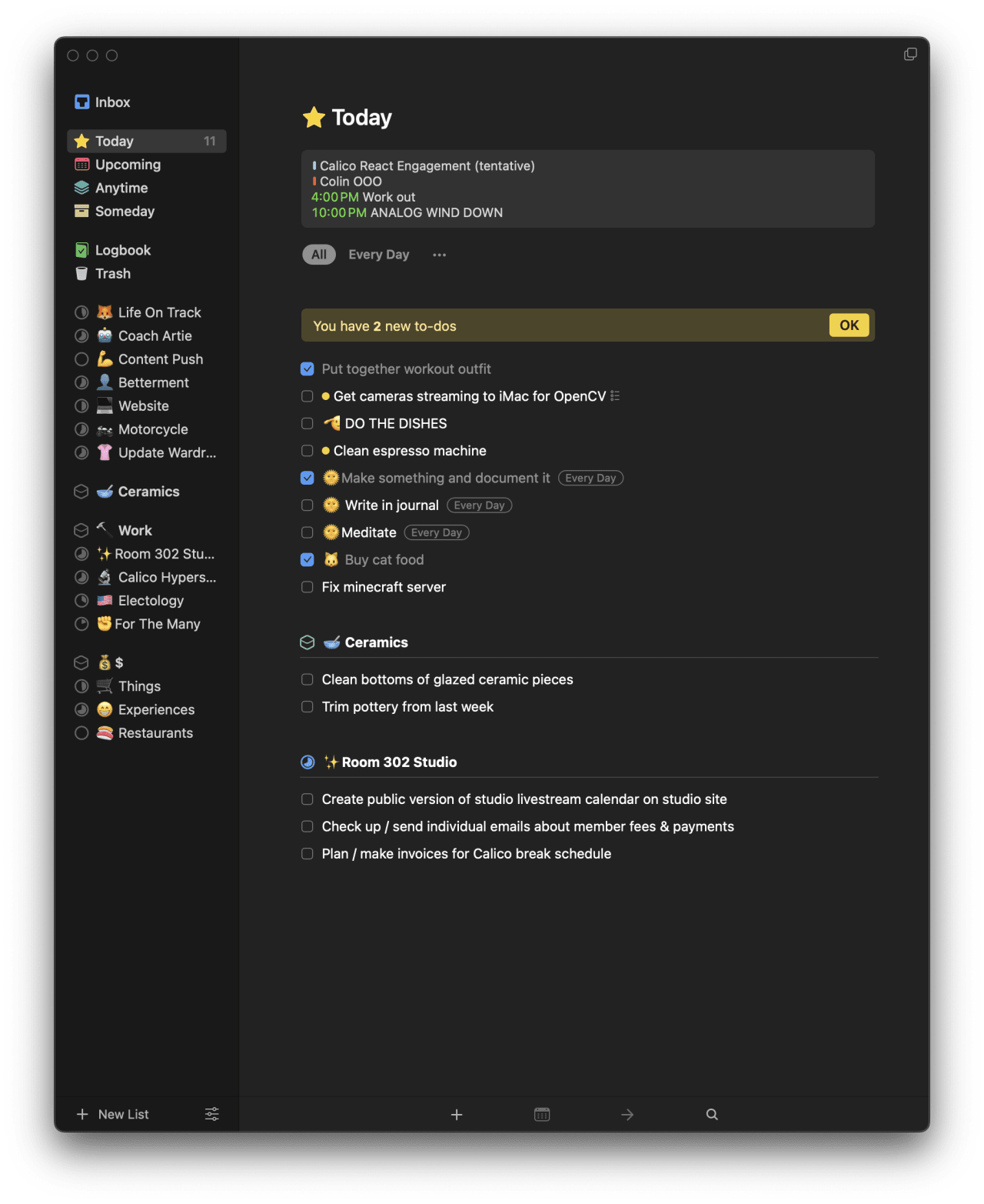 Task management app showing today's to-do list with 2 new items including workout outfit, ceramics, and studio livestream calendar tasks. Task management app showing today's to-do list with 2 new items including workout outfit, ceramics, and studio livestream calendar tasks.