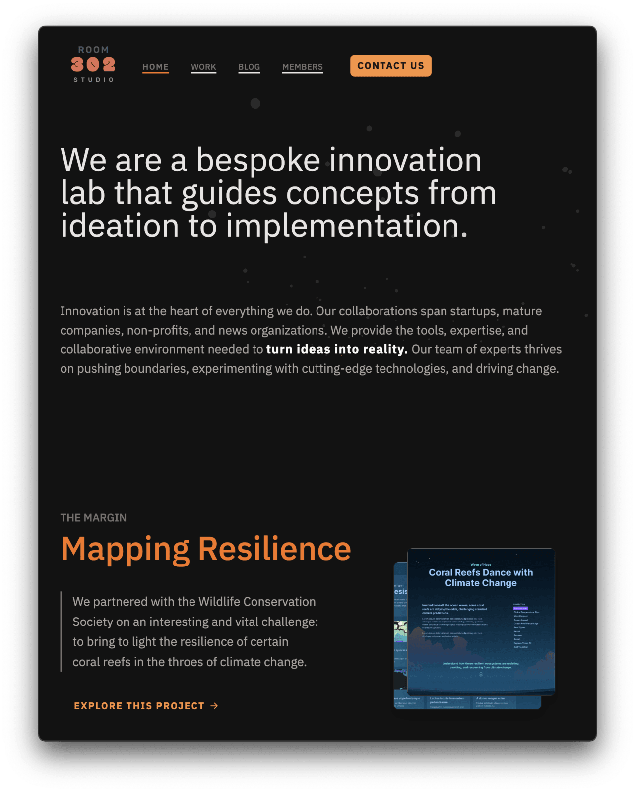 Room 302 Studio homepage describing their bespoke innovation lab that guides concepts from ideation to implementation, featuring a case study on coral reef climate resilience with the Wildlife Conservation Society.