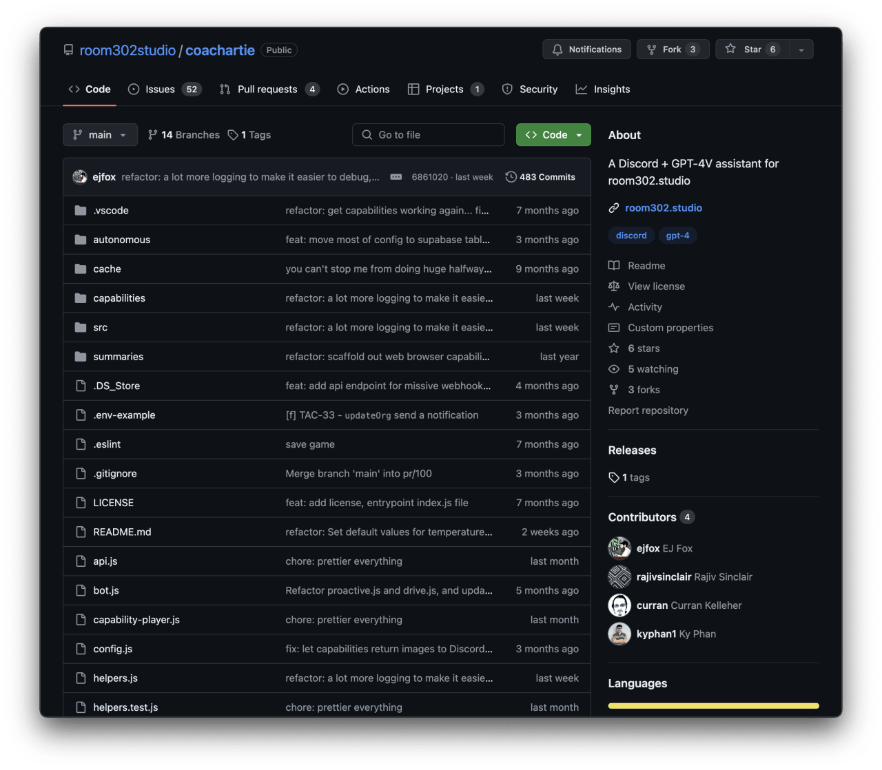 GitHub repository for room302studio/coachartie, a Discord and GPT-4V assistant, showing file structure, recent commits, and four contributors.
