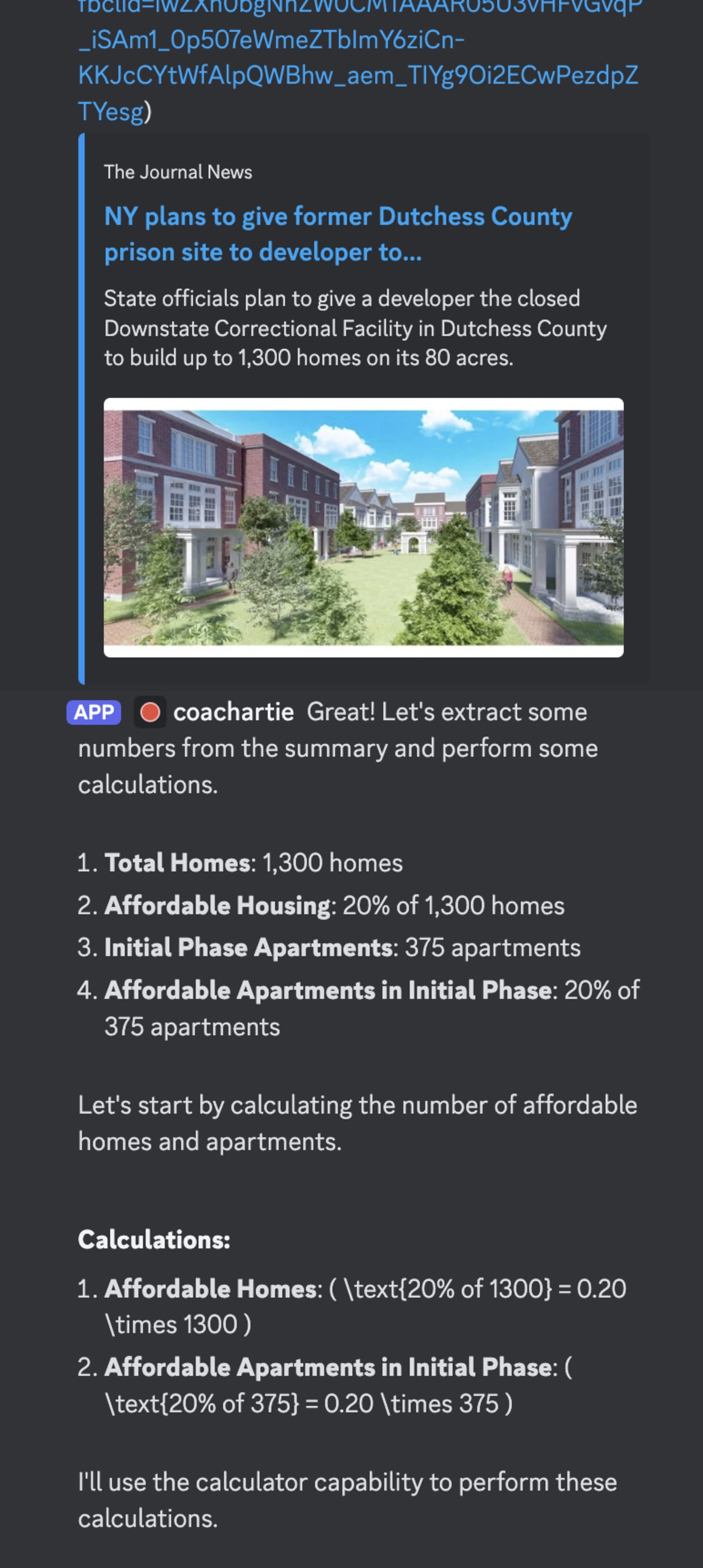 Article about New York converting a closed prison into 1,300 homes, with calculations showing 260 affordable homes and 75 affordable apartments in initial phase.