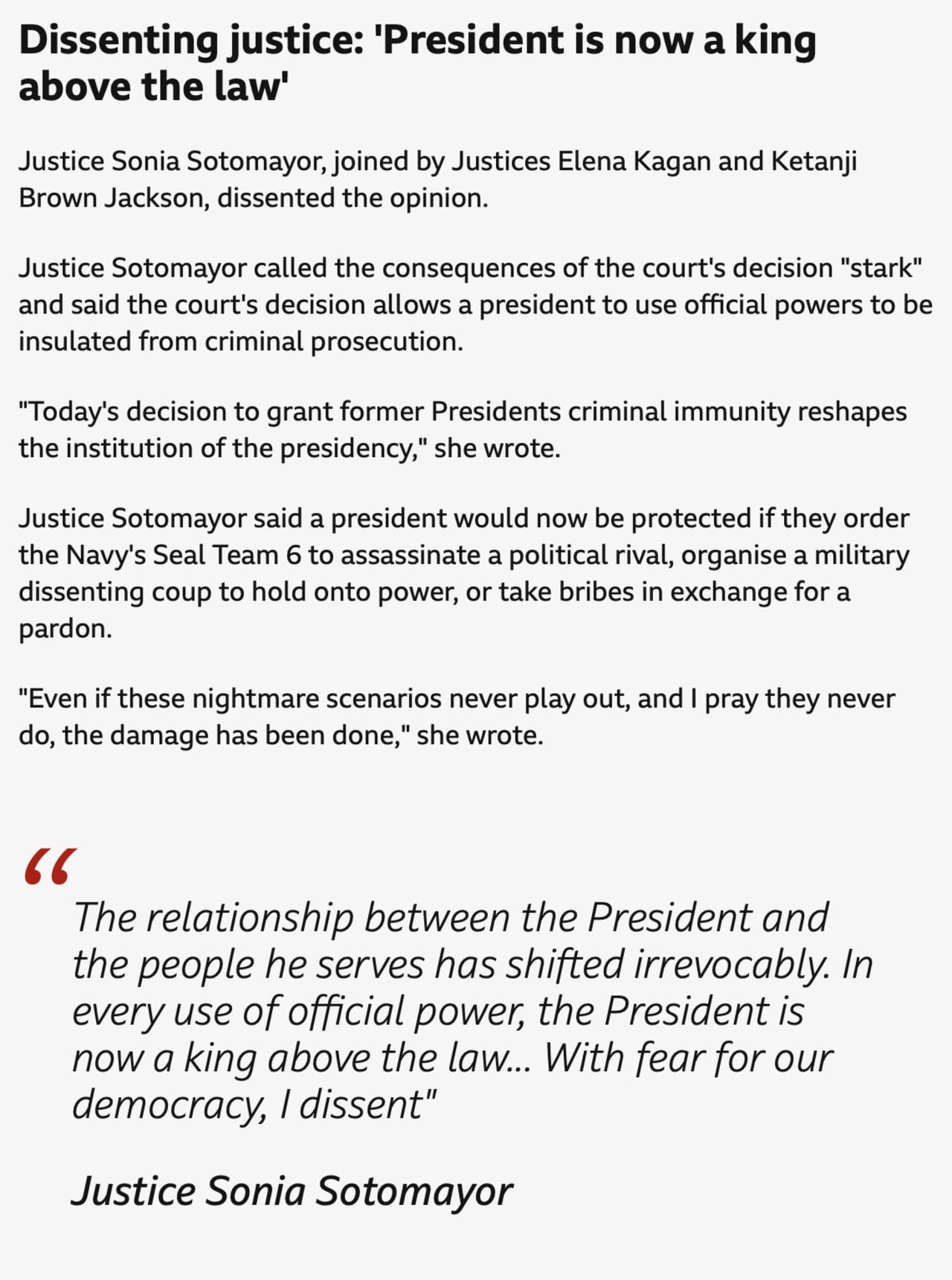 Justice Sotomayor's dissent arguing Supreme Court ruling grants presidents immunity for official acts, making the presidency a kingship above the law.