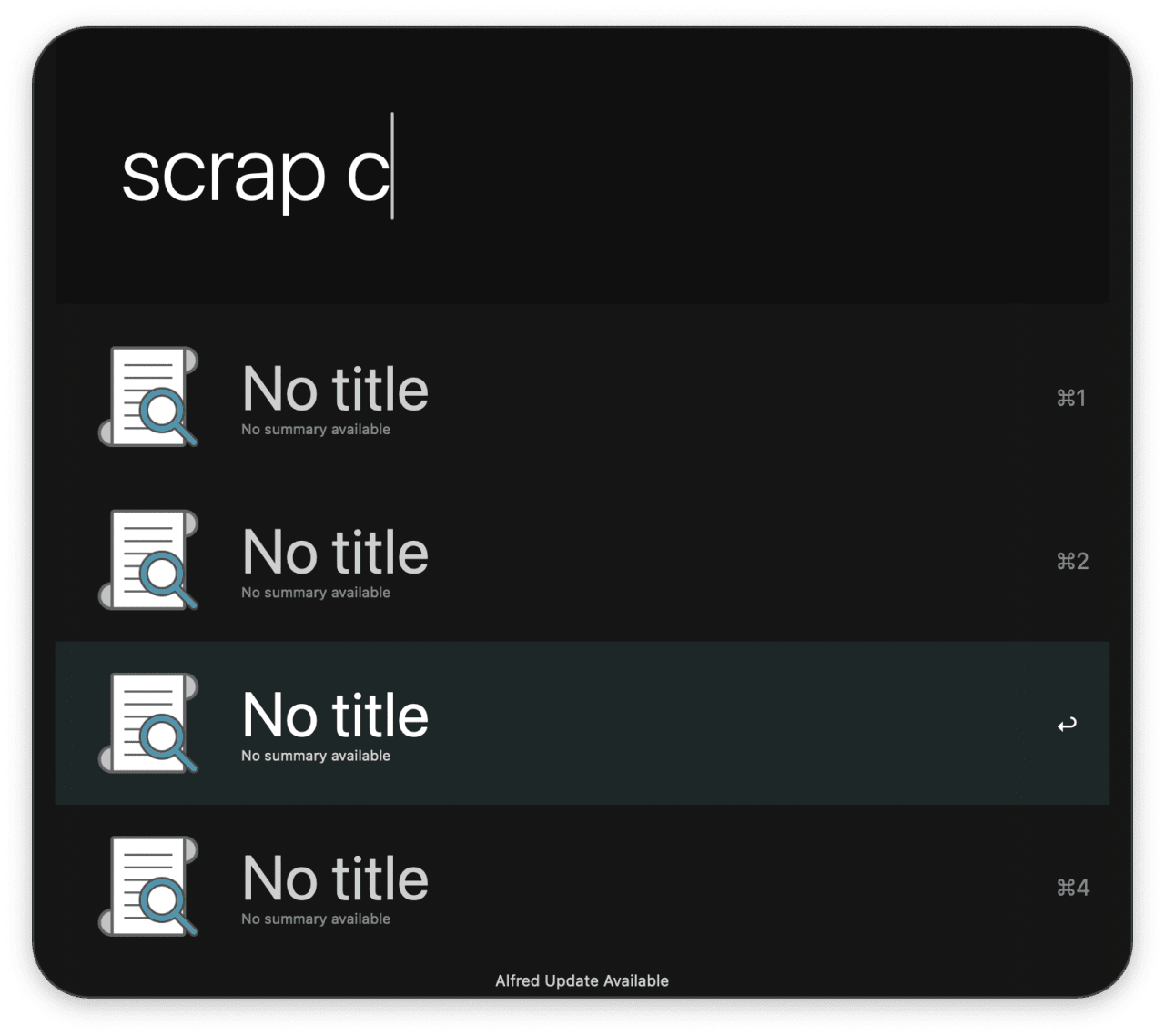 Search results for 'scrap d' showing four untitled documents with no summaries available and an Alfred Update notification.