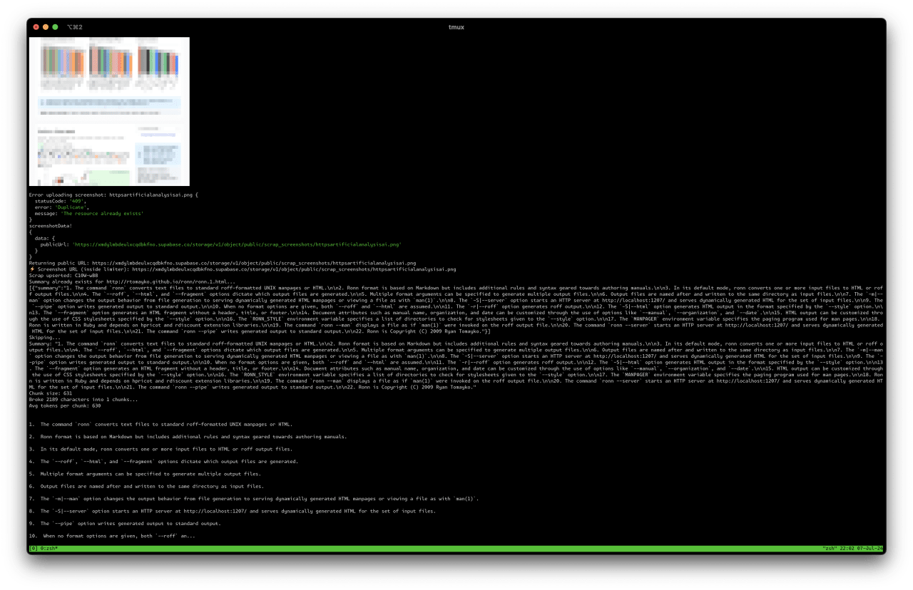 Terminal window displaying documentation for 'ronn', a command-line tool that converts text files to UNIX manuals and HTML output.
