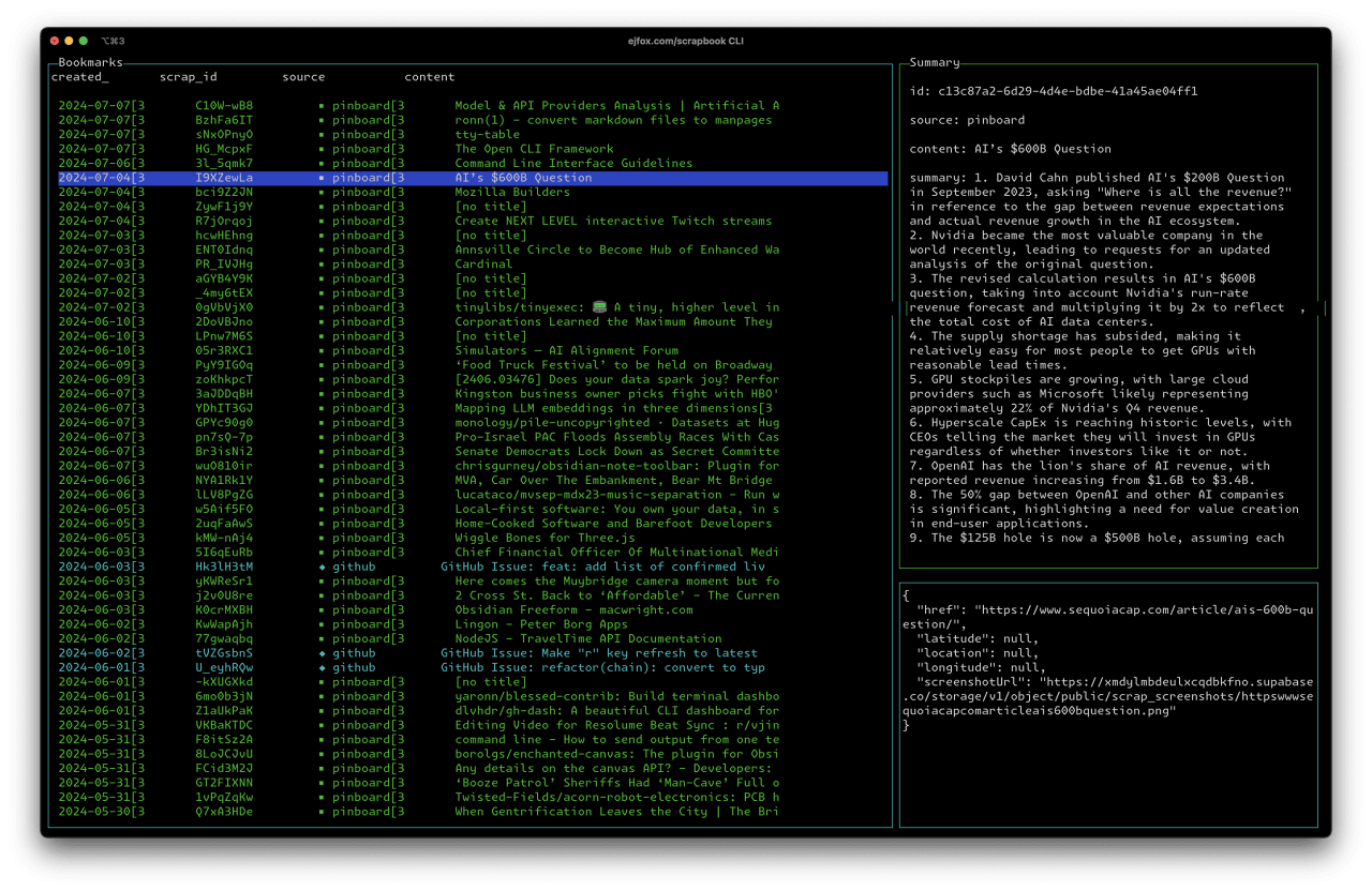 CLI bookmark database displaying curated tech articles and AI industry news from May-July 2024 with titles, sources, and summaries.