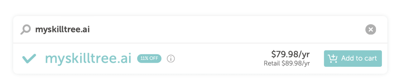 MyskillTree.ai subscription pricing at $79.98/year (11% off retail $89.98/year) with add to cart button.