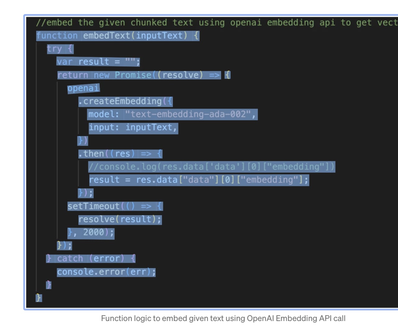JavaScript function using OpenAI's text-embedding-ada-002 model to convert input text into vector embeddings via API call.