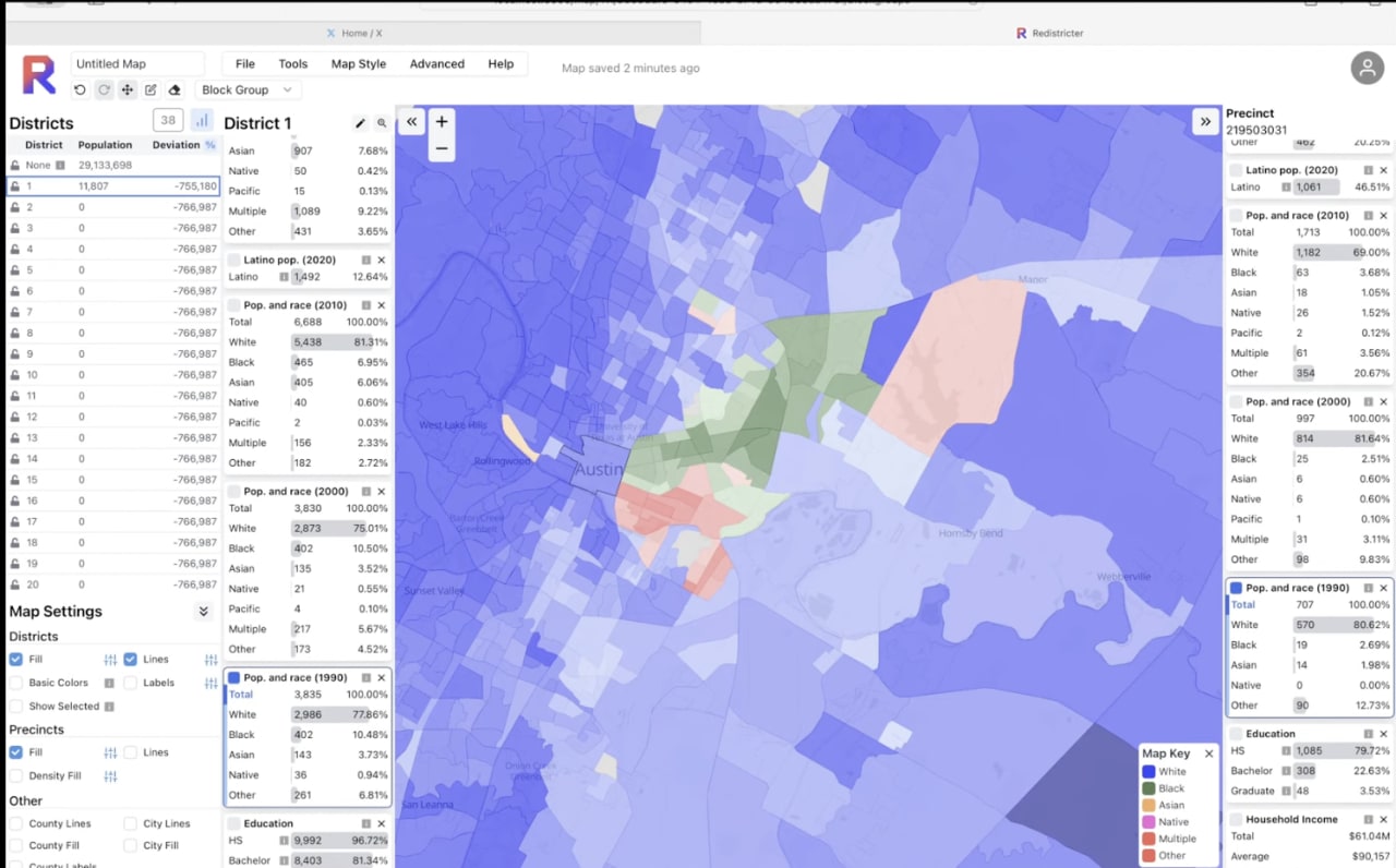 Interactive map of Austin districts showing demographic data by race and ethnicity across census years 1990-2020, with population statistics and education breakdowns.