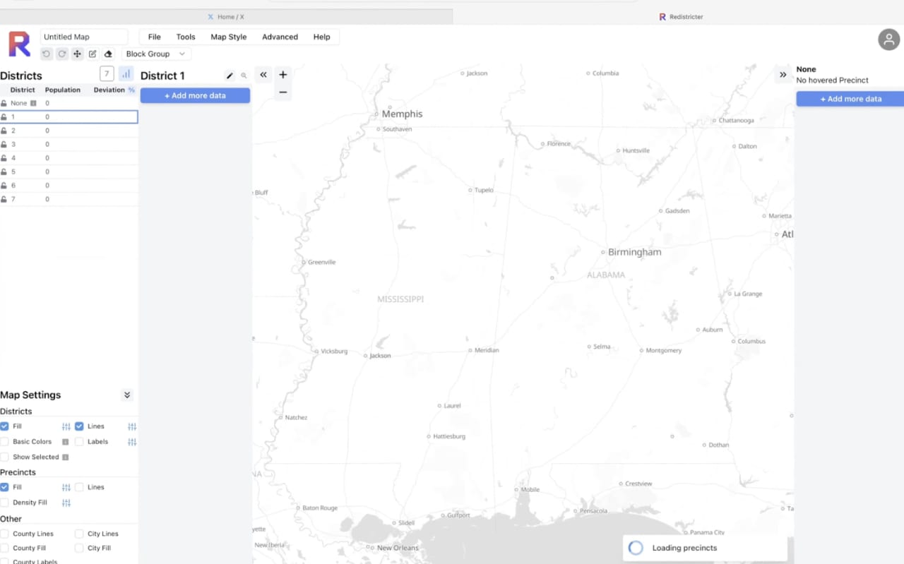 Redistricting map application showing District 1 boundaries overlaid on southeastern United States with population data table and precincts loading.