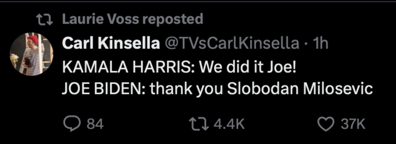 Tweet mocking Biden thanking Slobodan Milosevic after Harris claims victory, satirizing confused attribution.