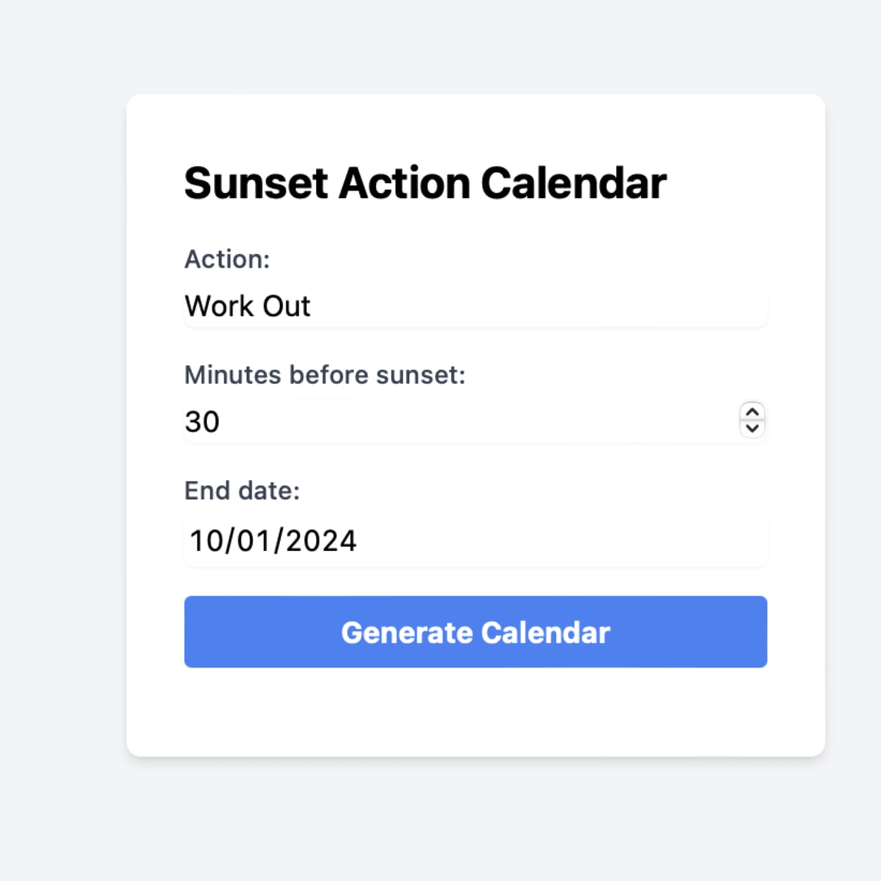 Form to create a calendar of workout sessions scheduled 30 minutes before sunset, ending October 1, 2024.