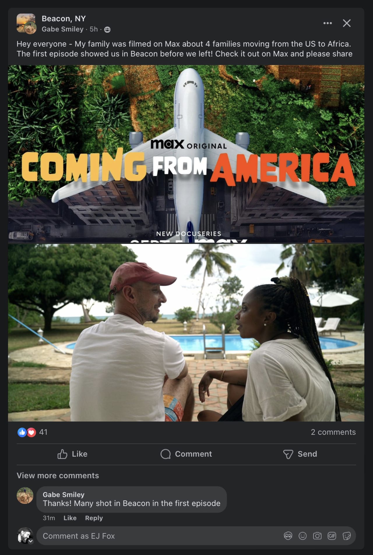 Max Original docuseries 'Coming From America' promotional post about four families relocating from US to Africa, featuring airplane and couple in African setting.