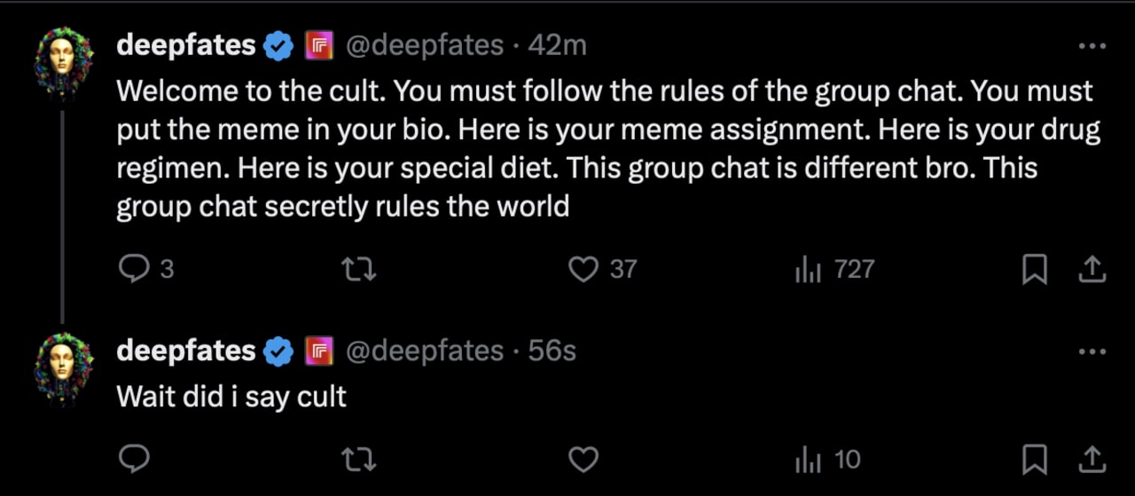 Twitter posts joking about welcoming someone to a cult with absurd rules, then immediately clarifying the word choice.