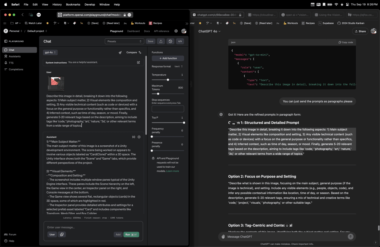 Developer comparing prompt engineering techniques for image description tasks in ChatGPT, with structured prompts and tag-generation methods displayed side-by-side.