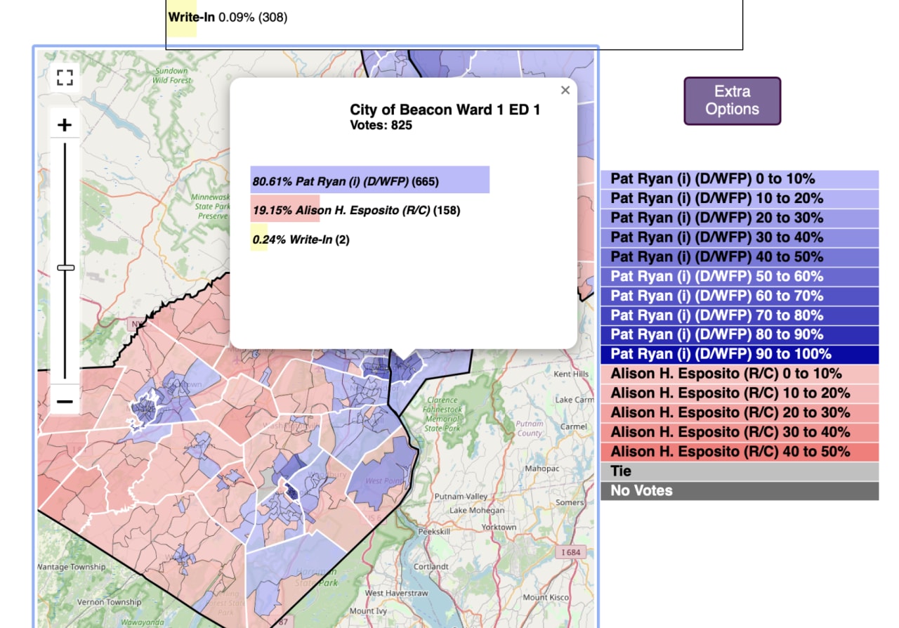 City of Beacon Ward 1 ED 1 election results showing Pat Ryan (D/WFP) winning 80.61% with 665 votes versus Alison H. Esposito (R/C) at 19.15% with 158 votes.