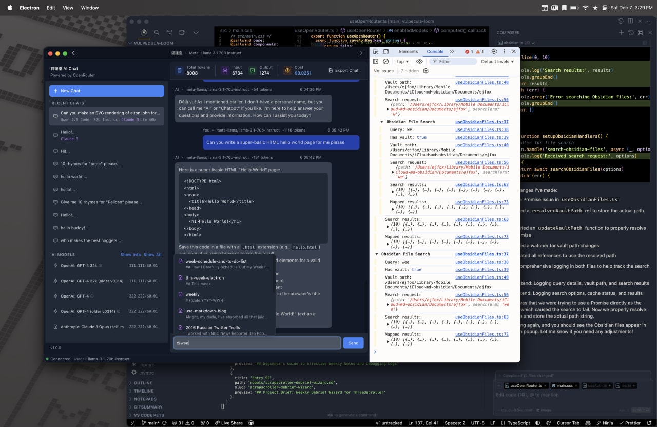 AI chat interface discussing HTML hello world code generation with developer tools showing TypeScript file search and vault path resolution errors in background