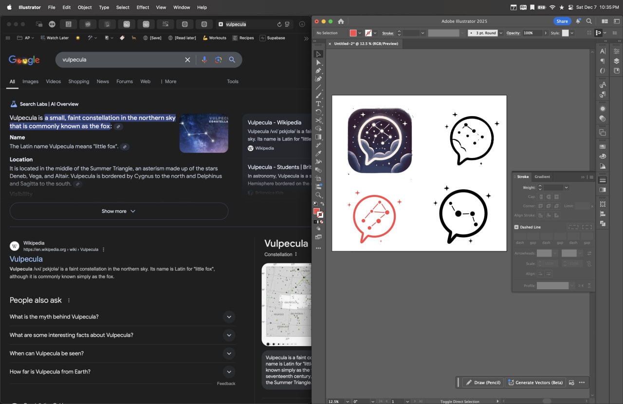Adobe Illustrator workspace showing four constellation icons in speech bubbles: a detailed starfield design, and three simplified dot-and-line diagrams in colored outlines representing Vulpecula constellation variations.