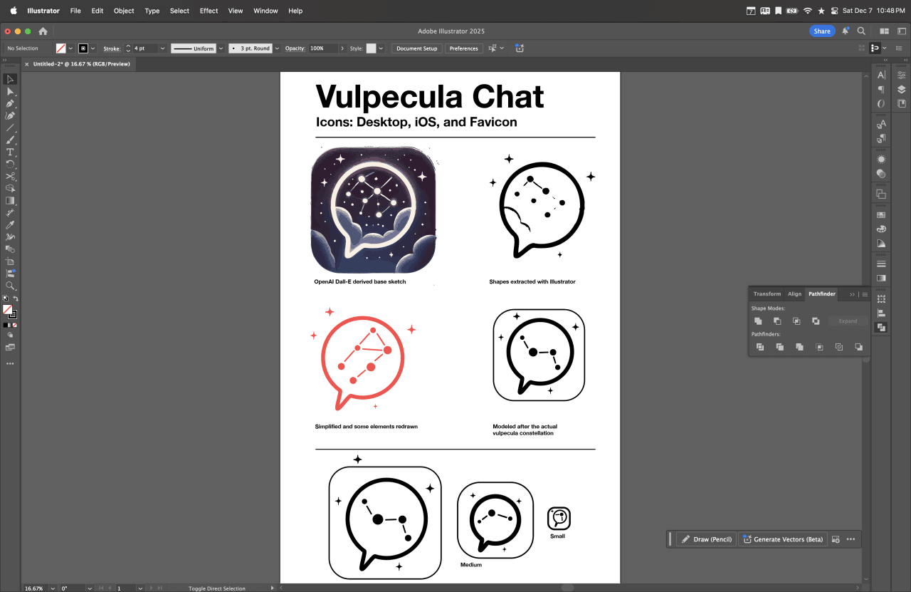 Design iterations of Vulpecula Chat app icon showing evolution from OpenAI sketch to final constellation-based design across desktop, iOS, and favicon sizes.