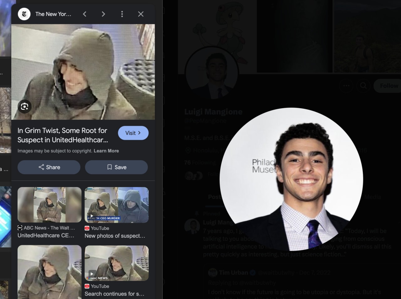 News search results about UnitedHealthcare CEO murder suspect with surveillance photos and a professional headshot of a young man.