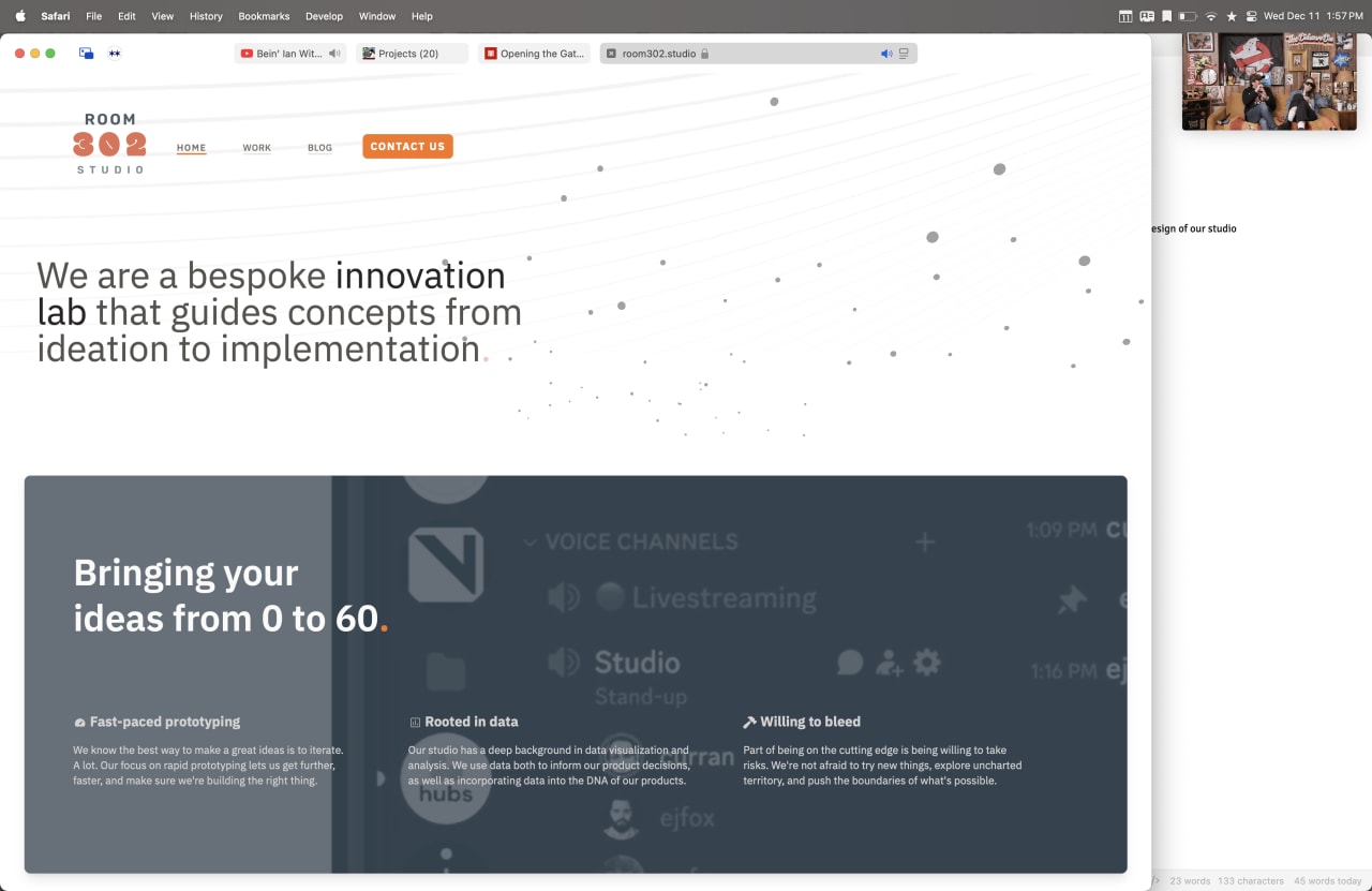 Room302 Studio website describing their bespoke innovation lab that guides concepts from ideation to implementation, emphasizing fast-paced prototyping, data-driven decisions, and willingness to explore new territory.