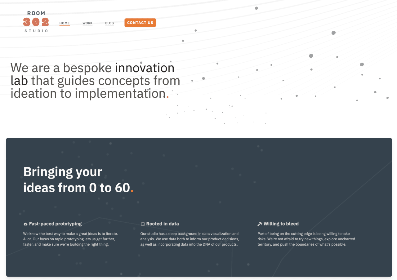 Room 302 Studio website describing their bespoke innovation lab that guides concepts from ideation to implementation, highlighting fast-paced prototyping, data-driven decisions, and willingness to explore new territory.