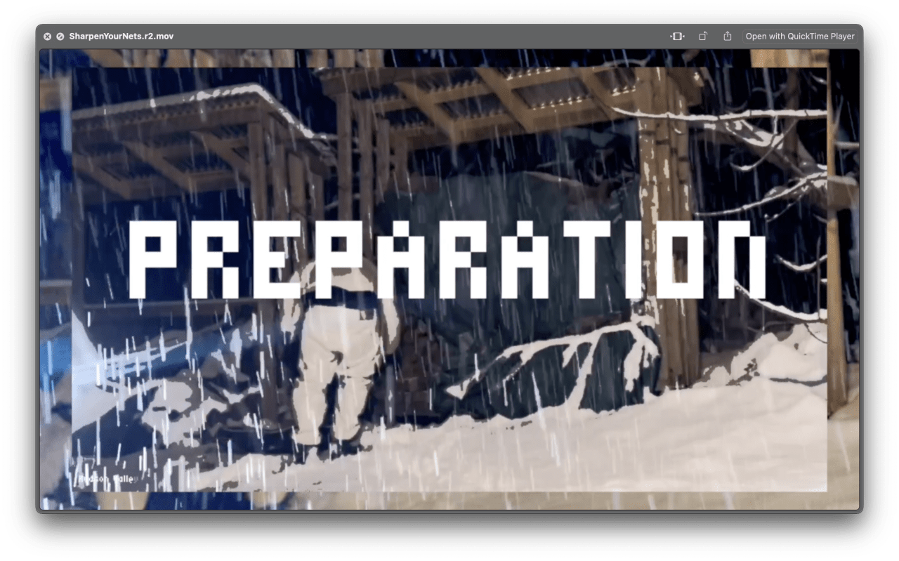 Video player showing title card reading "PREPARATION" over snowy urban street scene with buildings and utility lines.